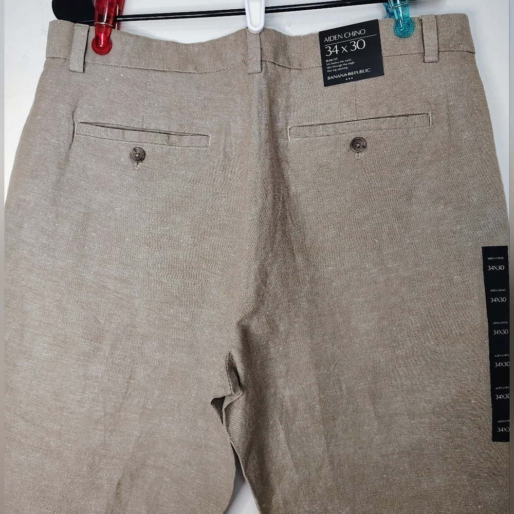 Banana Republic Men's Aiden Chino Slim Leg Linen High Rise Pants sz 34x30, Tan.